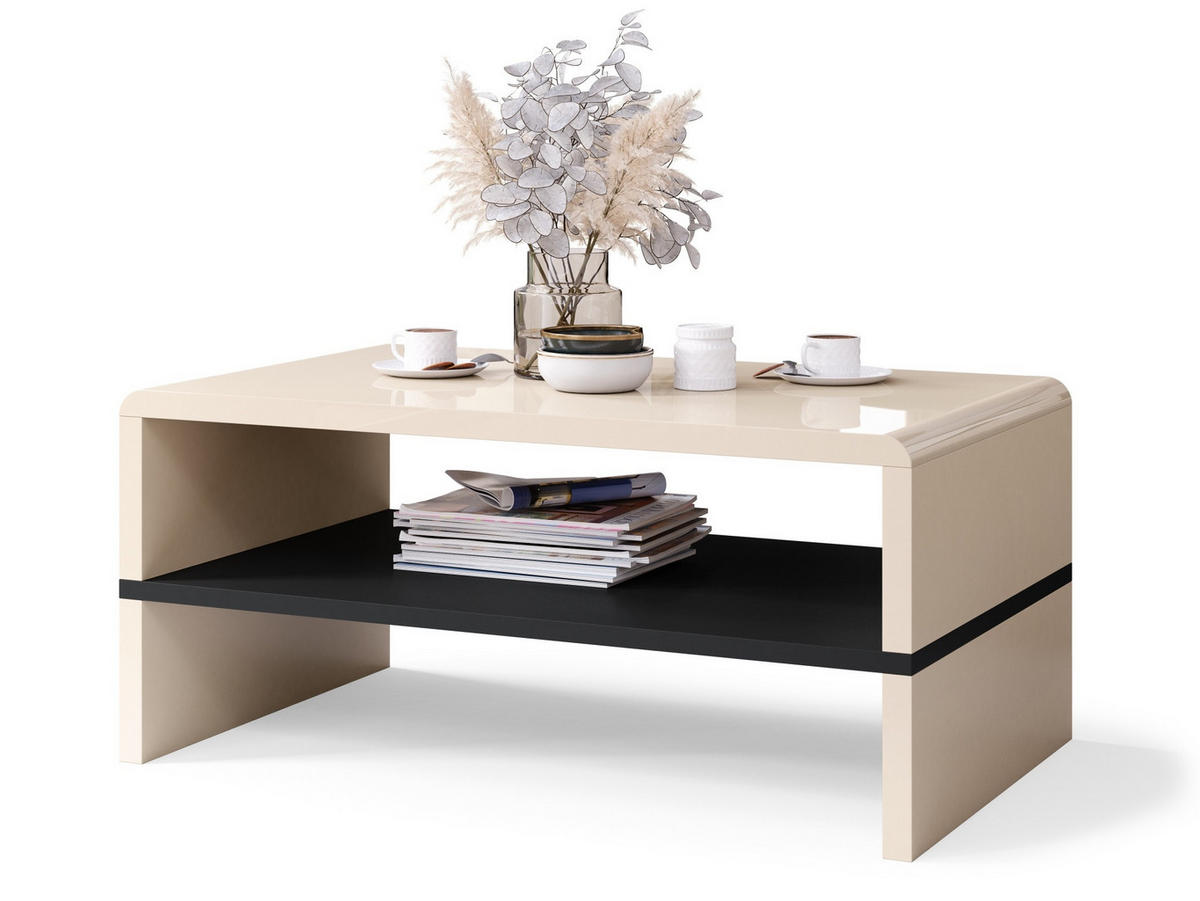 COUCHTISCH rechteckig Beige Hochglanz - Schwarz mit Ablage - Beige/Schwarz, Holzwerkstoff (60/100/43cm) - designimpex