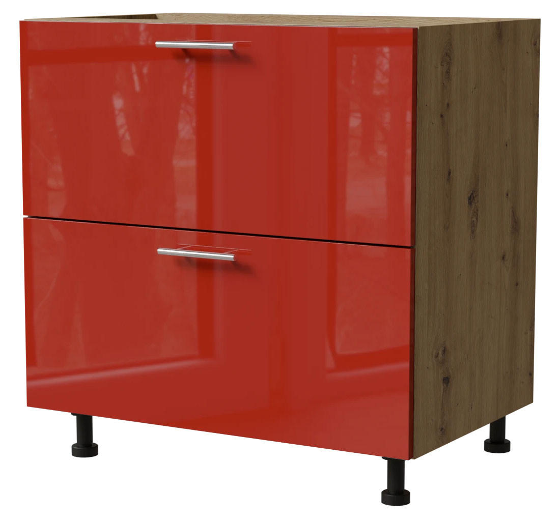 SCHUBLADENUNTERSCHRANK Brerra D2R/80 Korpus eiche artisan / Front RAL 3002 karminrot Hochglanz 80 / 50 / 82 cm Schubladensystem REJS Comfort Box - Rot/Eiche Artisan, Holz/Holzwerkstoff (80/82/50cm) - Feldmann-Wohnen