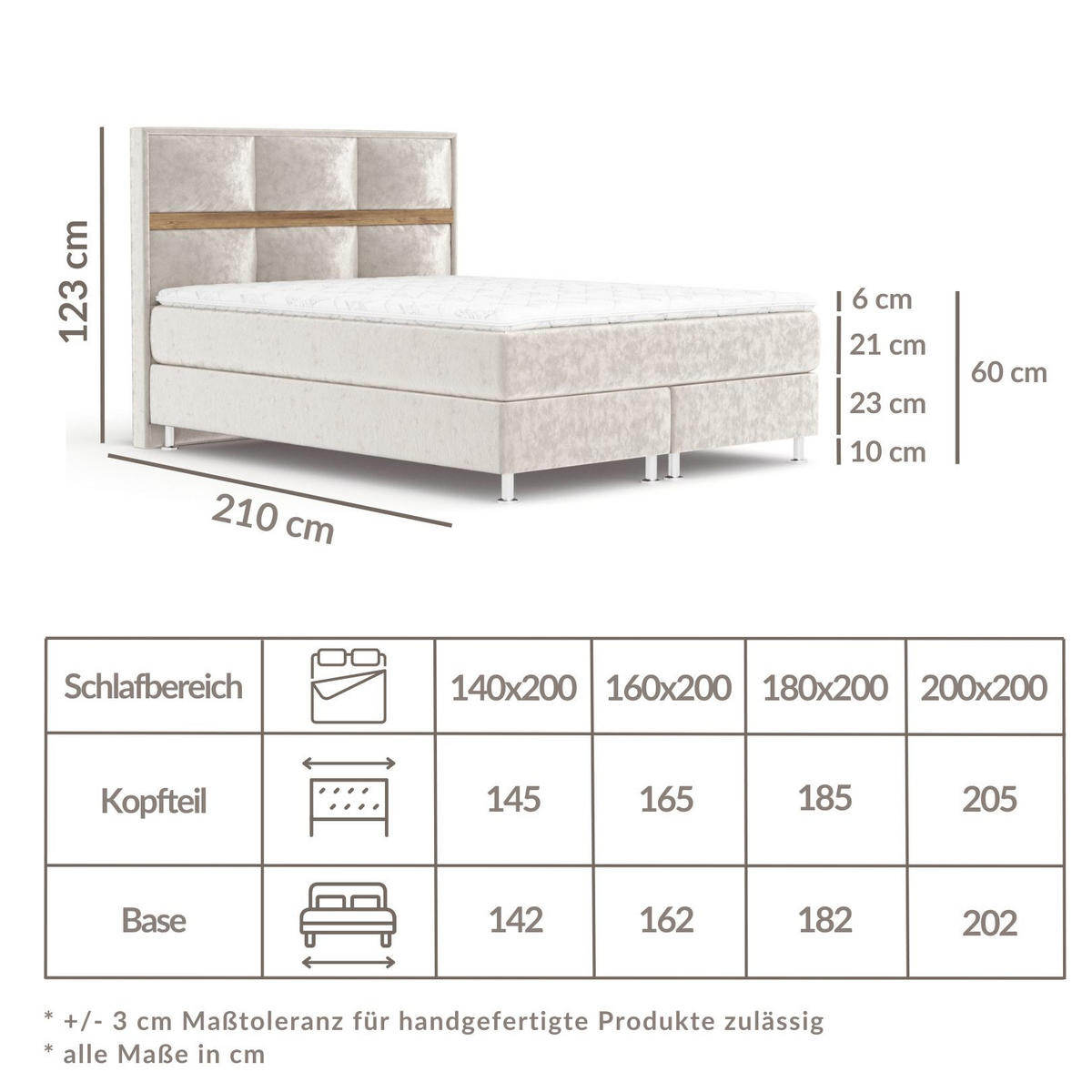 BOXSPRINGBETT Soto Creme 180/200 cm mit Latex-Topper - Silberfarben/Creme, Holz/Holzwerkstoff (180/200cm) - Maison de Reve