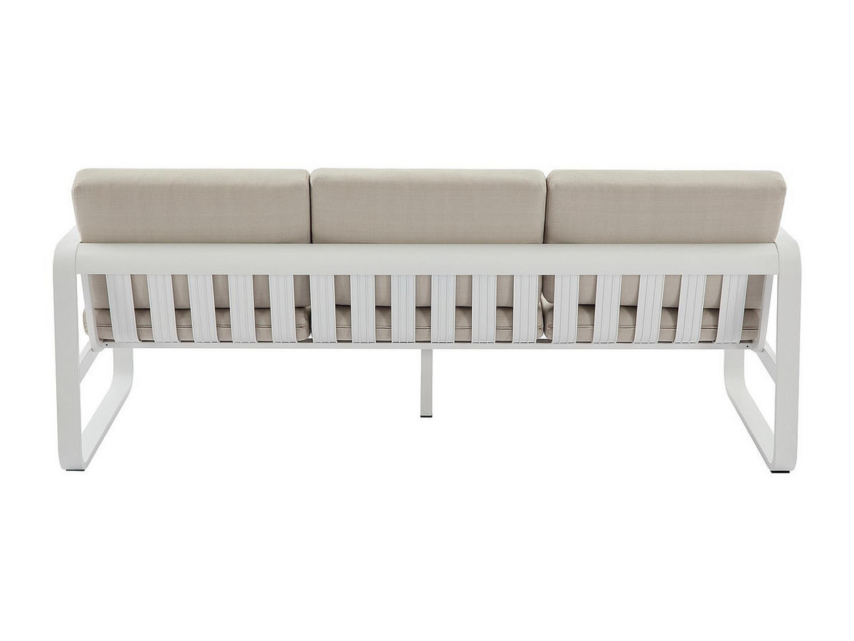 GARTENLOUNGE aus Aluminium: 1 Dreisitzer-Sofa und 1 Couchtisch – Weiß mit beigen Kissen – LOMIA von MYLIA - Beige/Weiß, Metall - Vente-Unique