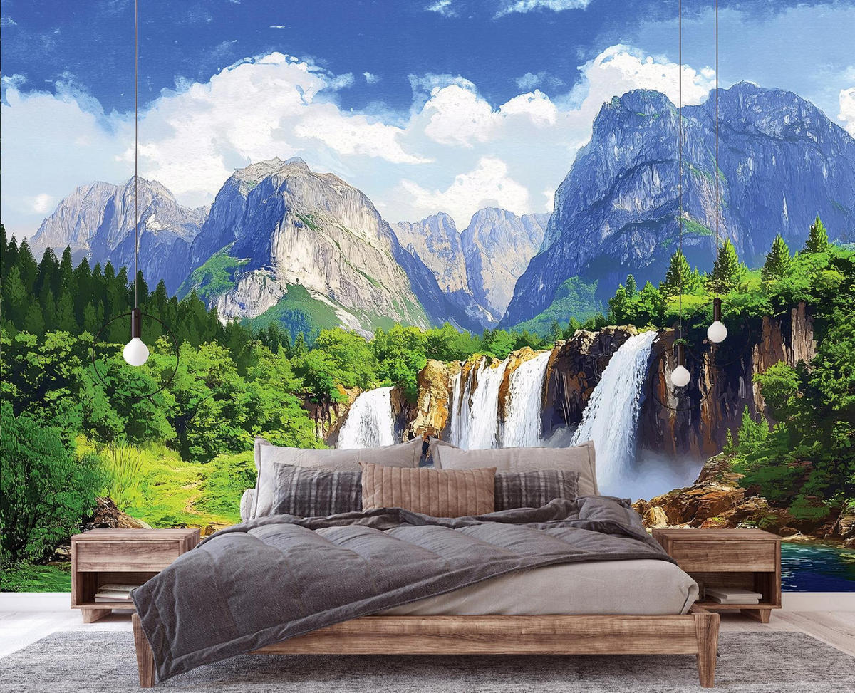 FOTOTAPETE 3D Effekt Wasserfall Berge Natur Tapete Wohnzimmer 350x250 - Multicolor, Papier (350/250cm) - Wallarena