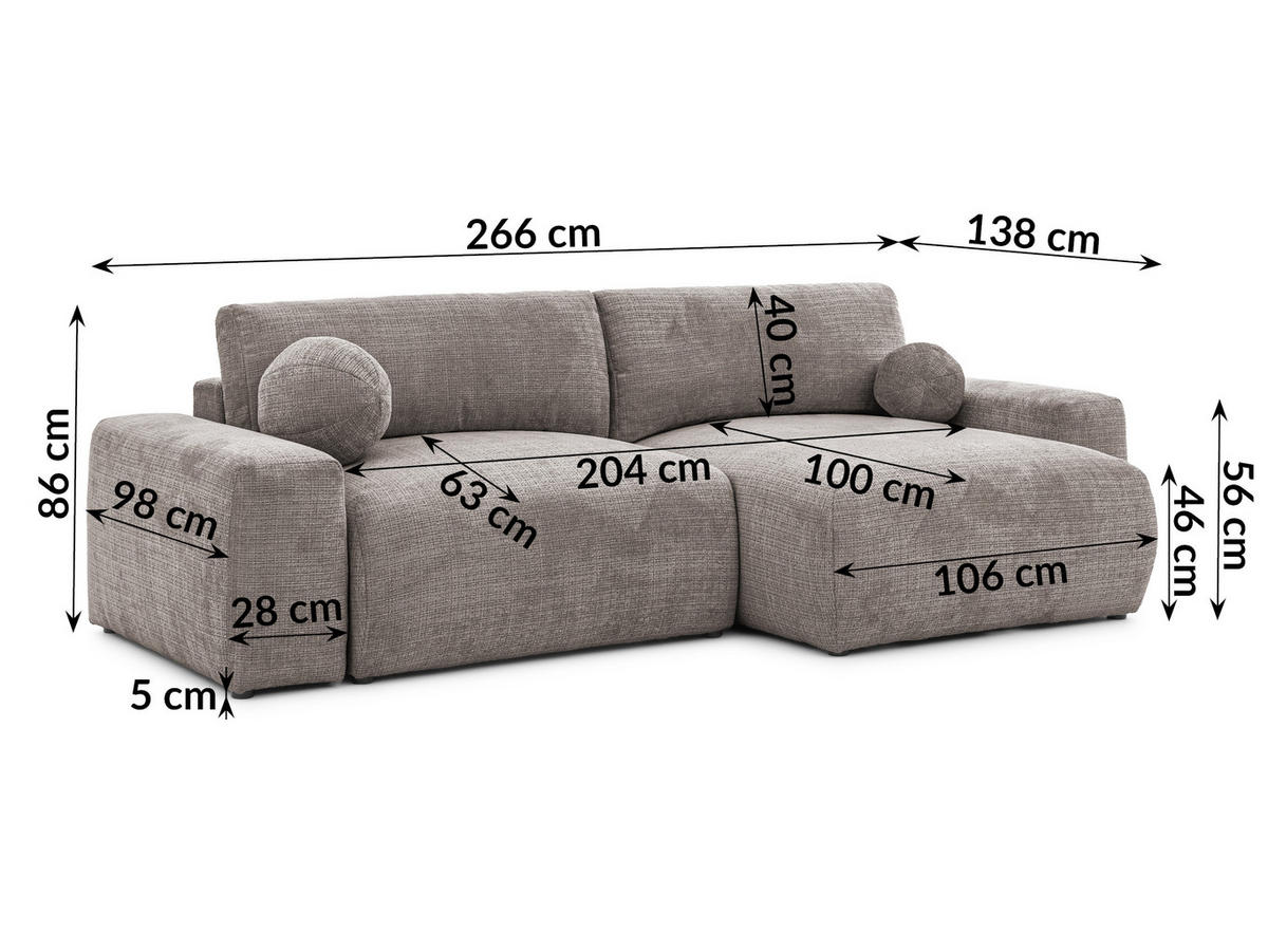ECKSOFA Puffy mit Schlaffunktion und Bettkasten - besonders weich und puffig aus Taupe Chenille-Stoff - Ottomane rechts - Taupe/Schwarz, Holz/Kunststoff (266/138cm) - S-Style Möbel