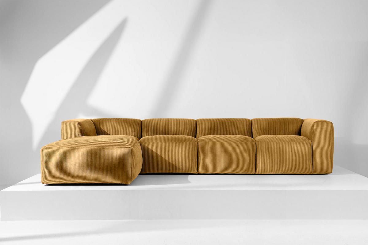 ECKMODULSOFA-LINKS BUFFO 6-Sitzer mit extrem weicher Sitzfläche, Kordstoff, gelb - Gelb, Textil (377/180cm) - KONSIMO®