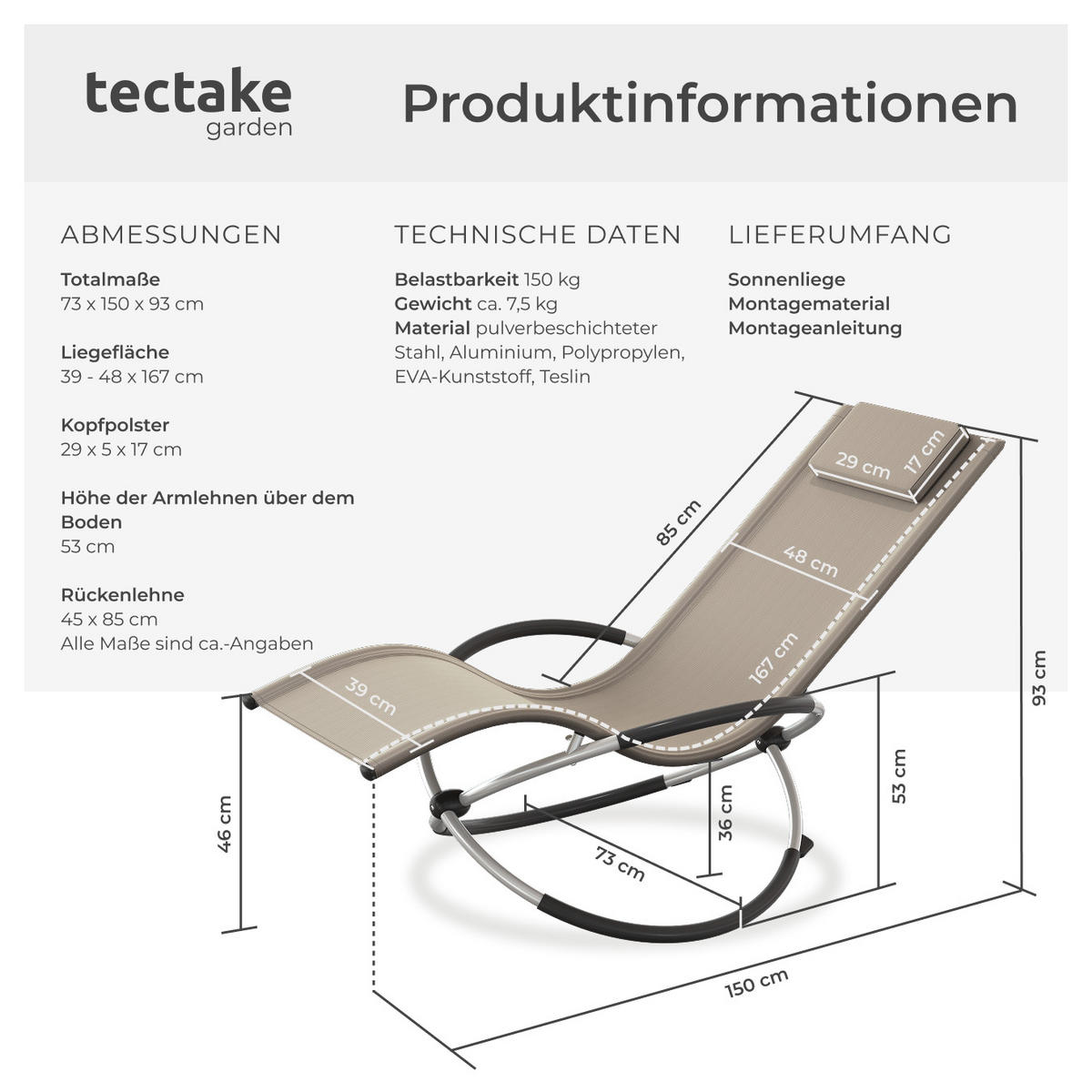 SONNENLIEGE Paulina,150 x 73 x 93 cm,beige - Beige, Metall (73/93/150cm) - tectake