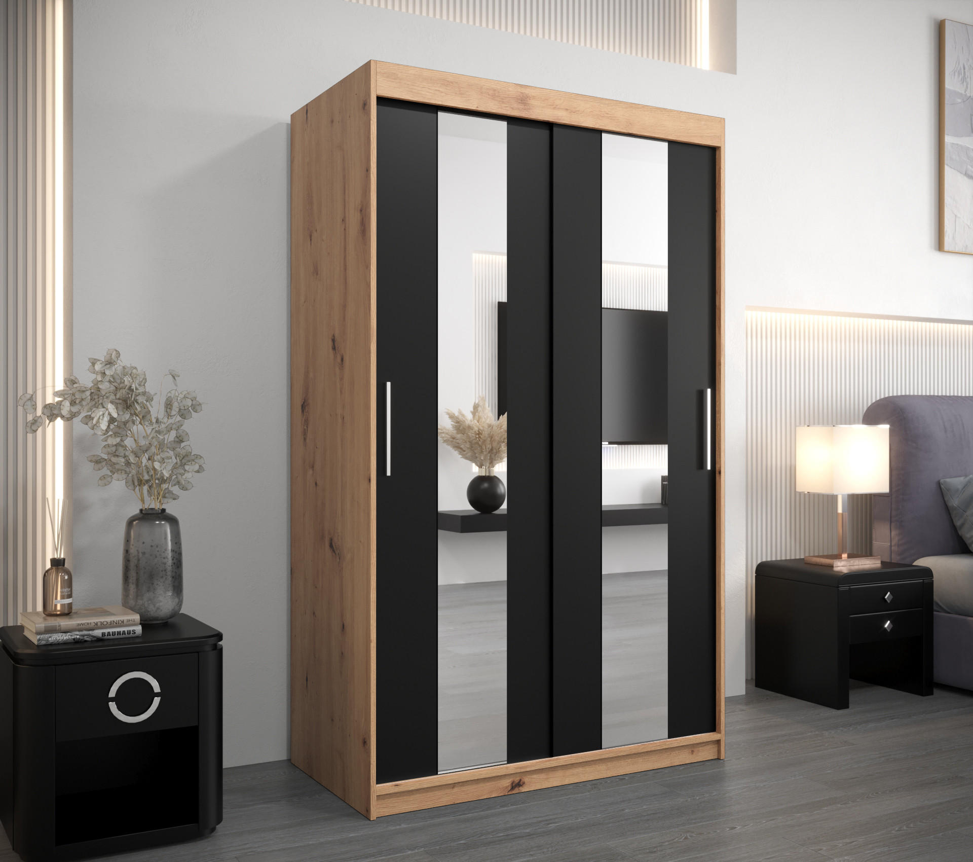 SCHWEBETÜRENSCHRANK 200/120/62 2-türig - Silberfarben/Schwarz, Holz/Kunststoff (120/200/62cm) - Abiks Möbel