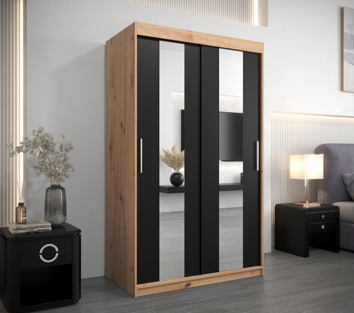 SCHWEBETÜRENSCHRANK 200/120/62 2-türig - Silberfarben/Schwarz, Holz/Kunststoff (120/200/62cm) - Abiks Möbel