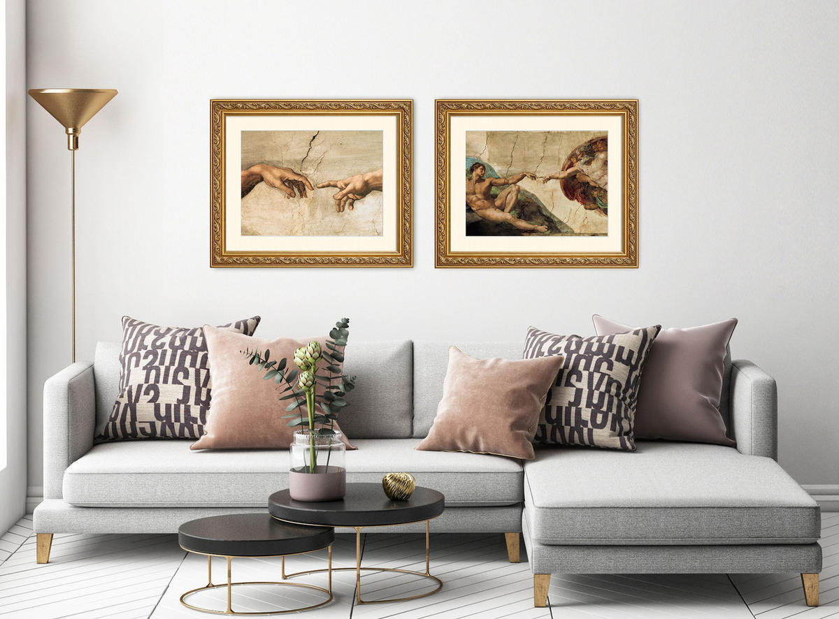 BILD gerahmt 53x63 cm Michelangelo "Die Erschaffung Adams" - Beige, Holz (63/53cm) - artissimo