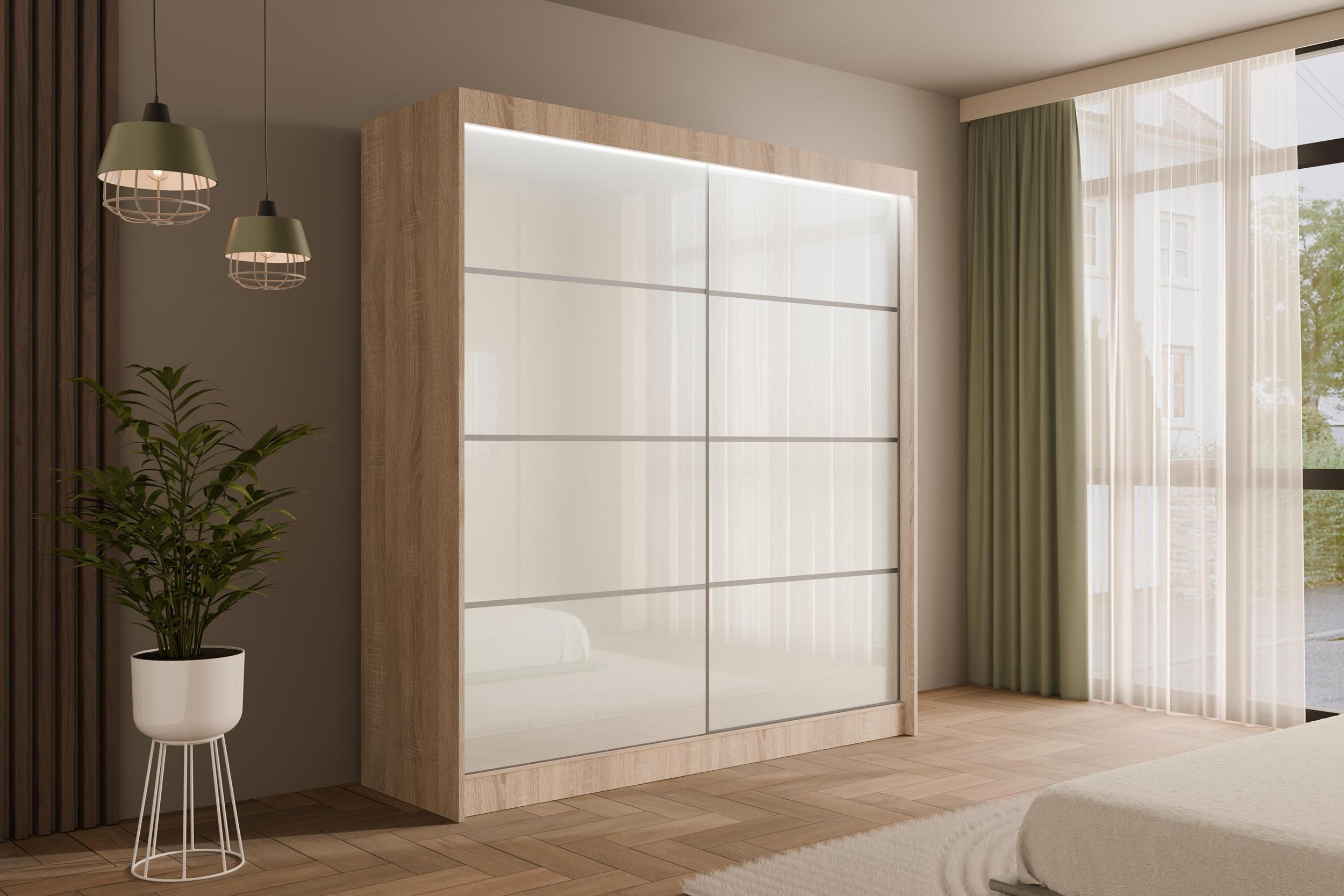 KLEIDERSCHRANK PEKA III mit LED - 200 cm - Sonoma Eiche|Weiß - Weiß/Sonoma Eiche, Holzwerkstoff (200/215/61cm) - ALTDECOR