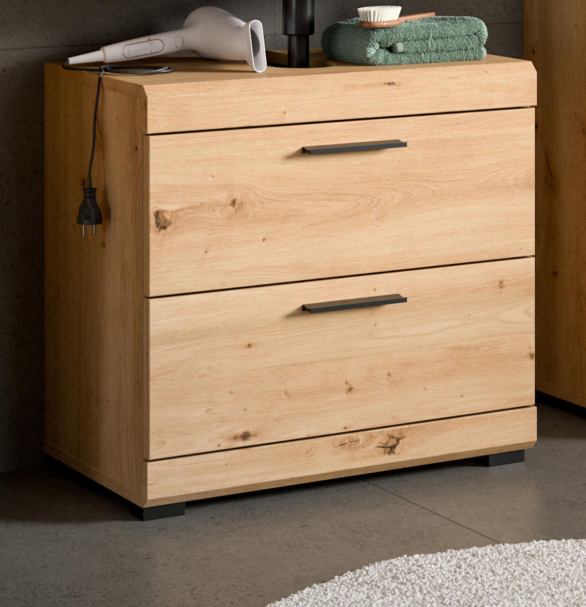 WASCHBECKENUNTERSCHRANK Eiche Artisan 60 cm, Badezimmer Unterschrank mit Schubkästen - Schwarz/Eiche Artisan, Holzwerkstoff/Kunststoff (60/56/34cm) - Inn.Furn
