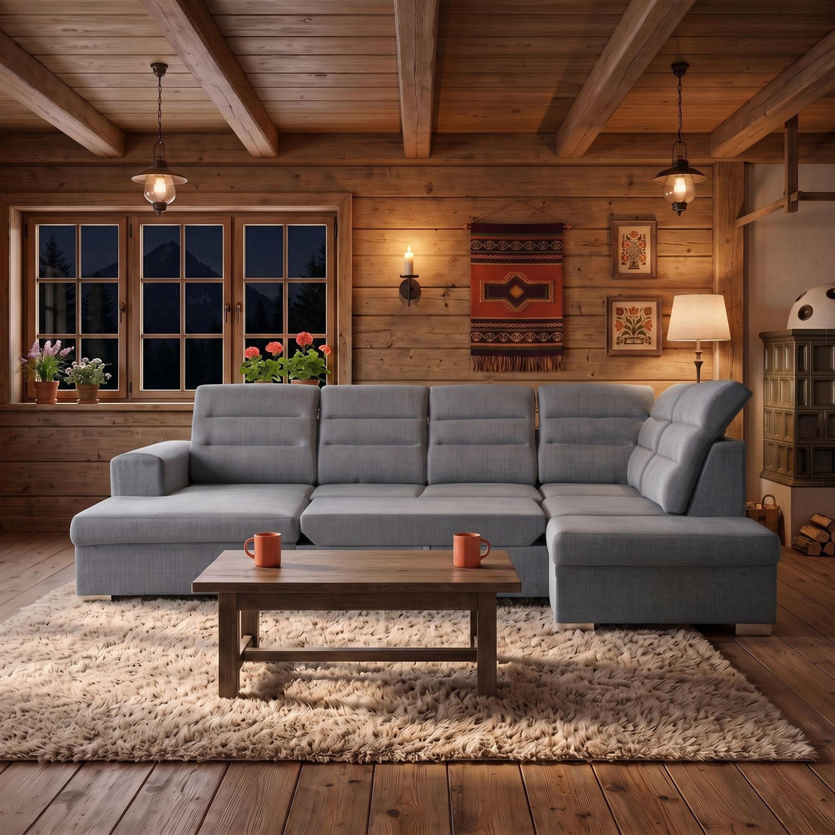 ECKSOFA U-Form CLOUD U Rechts mit Schlaffunktion 120x252 Velours Grau - Silberfarben/Grau, Holz/Kunststoff (202/103/320cm) - Muffo