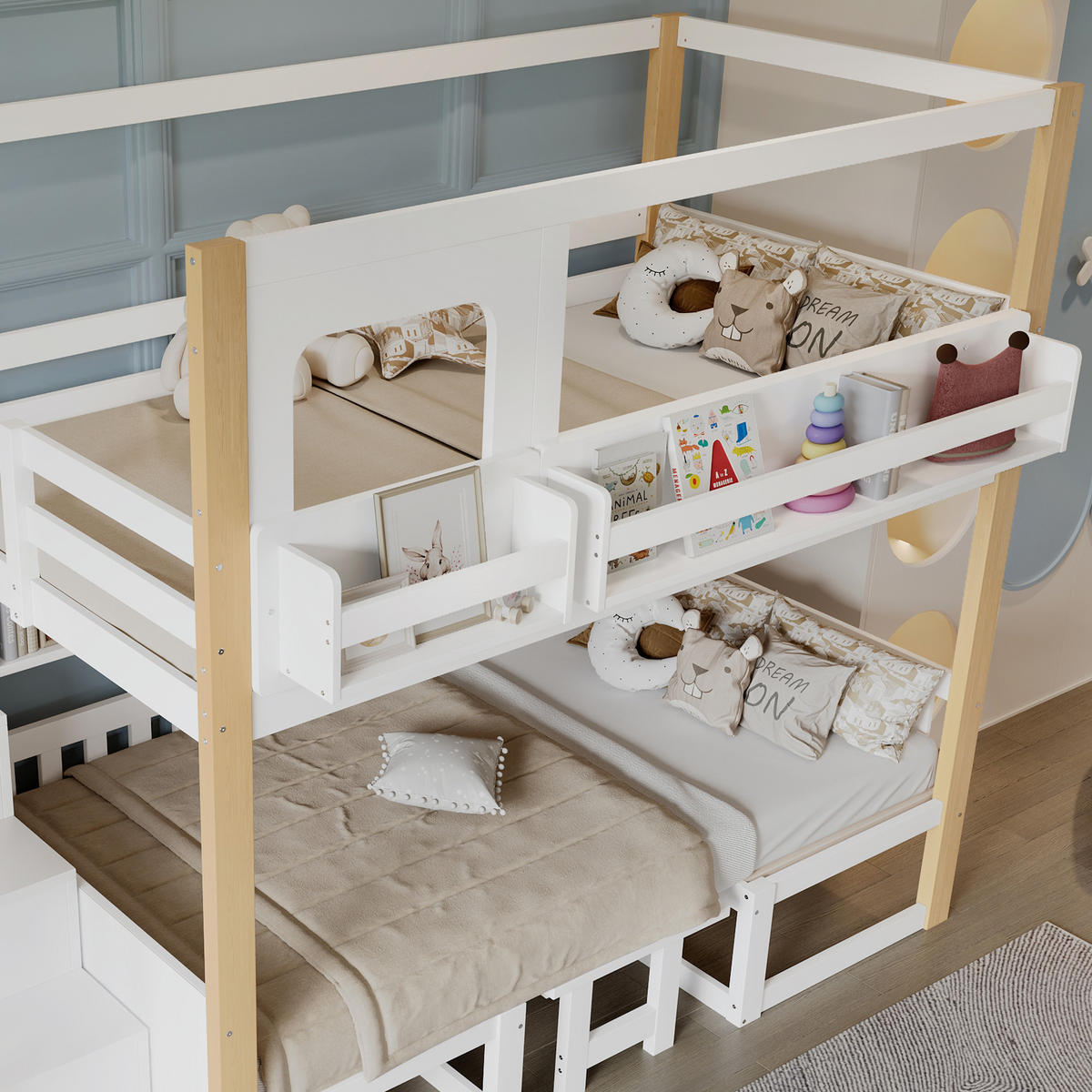 ETAGENBETT 90/200 cm in Weiß & Natur Kinderbett mit Aufbewahrungstreppe, Klapptisch und Regal - Weiß/Naturfarben, Holzwerkstoff (90/200cm) - STILVORA