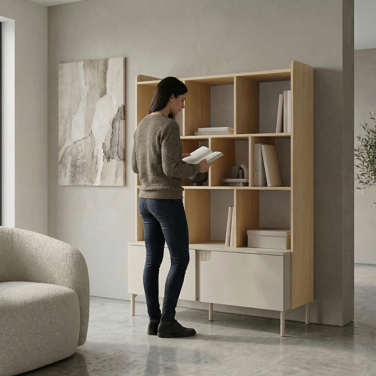 BÜCHERREGAL Positivo mit 1 Tür und 1 Schublade, 110 cm, Mavelie-Eiche + Macadamia - Eichefarben, Holzwerkstoff (113/195/42cm) - Beautysofa