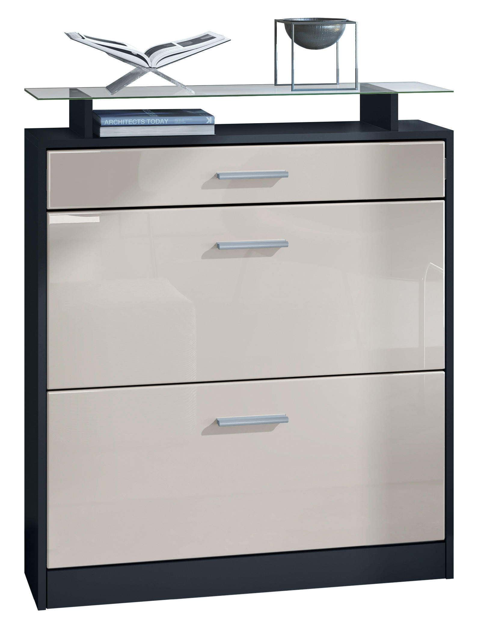 SCHUHSCHRANK Loret Front in Sandgrau Hochglanz - Sandfarben, Holzwerkstoff (89/104/23cm) - Vladon