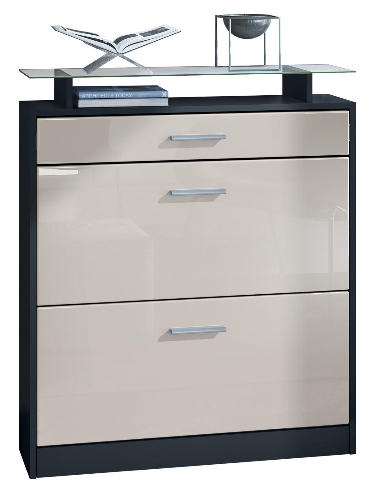 SCHUHSCHRANK Loret Front in Sandgrau Hochglanz - Sandfarben, Holzwerkstoff (89/104/23cm) - Vladon