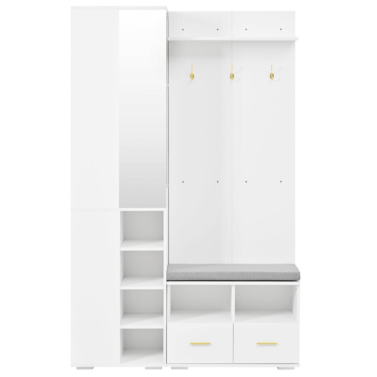 GARDEROBE Garderobenmöbel Flur Sitzbank Spiegel Kleiderstange Haken Schubladen Regal 120 cm All-in-One modern - Weiß, Holzwerkstoff (120/190/35cm) - EVRYAE