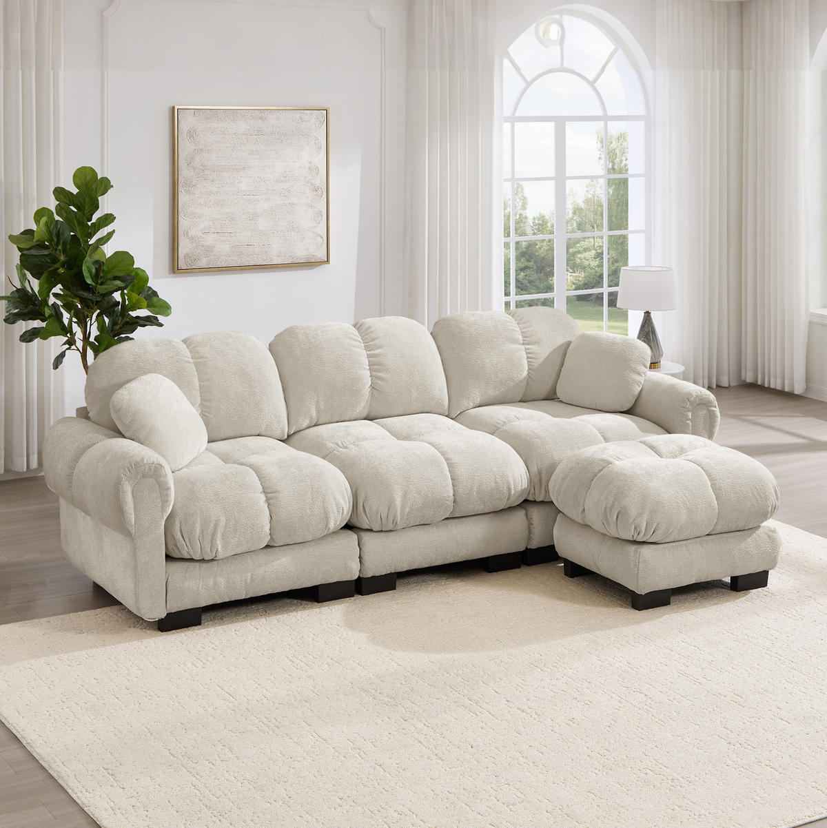 SOFA L-Form mit Hocker Chenille Hell Khaki - Hellbraun, Holz (149/260cm) - Meubliv