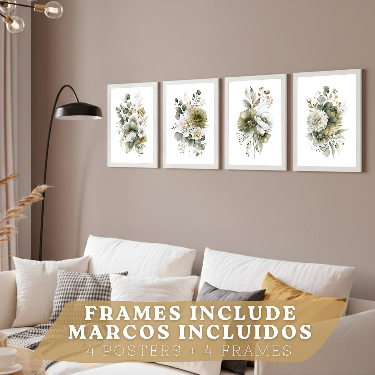 PLAKAT Sada 4 boho botanických uměleckých tisků. Akvarelové květinové nástěnné umění. Velikost Bílý rám A3 - bílá, papír (29.7/42/3cm) - Nacnic