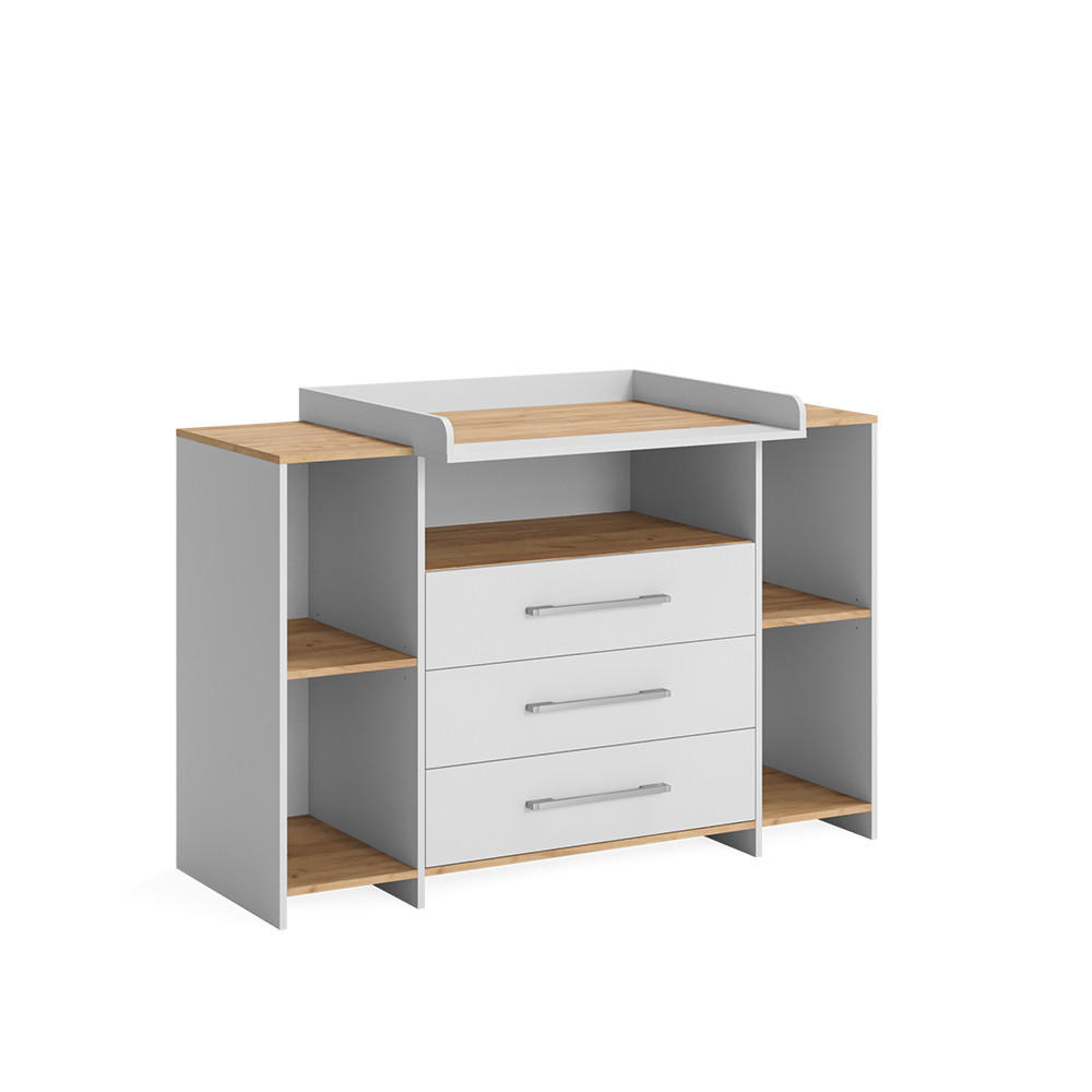 WICKELKOMMODE Oskar Weiß/Goldkraft Eiche 143.2 x 93 cm mit 3 Schubladen - Eichefarben/Weiß, Holzwerkstoff (143.2/93/53.1cm) - Vicco