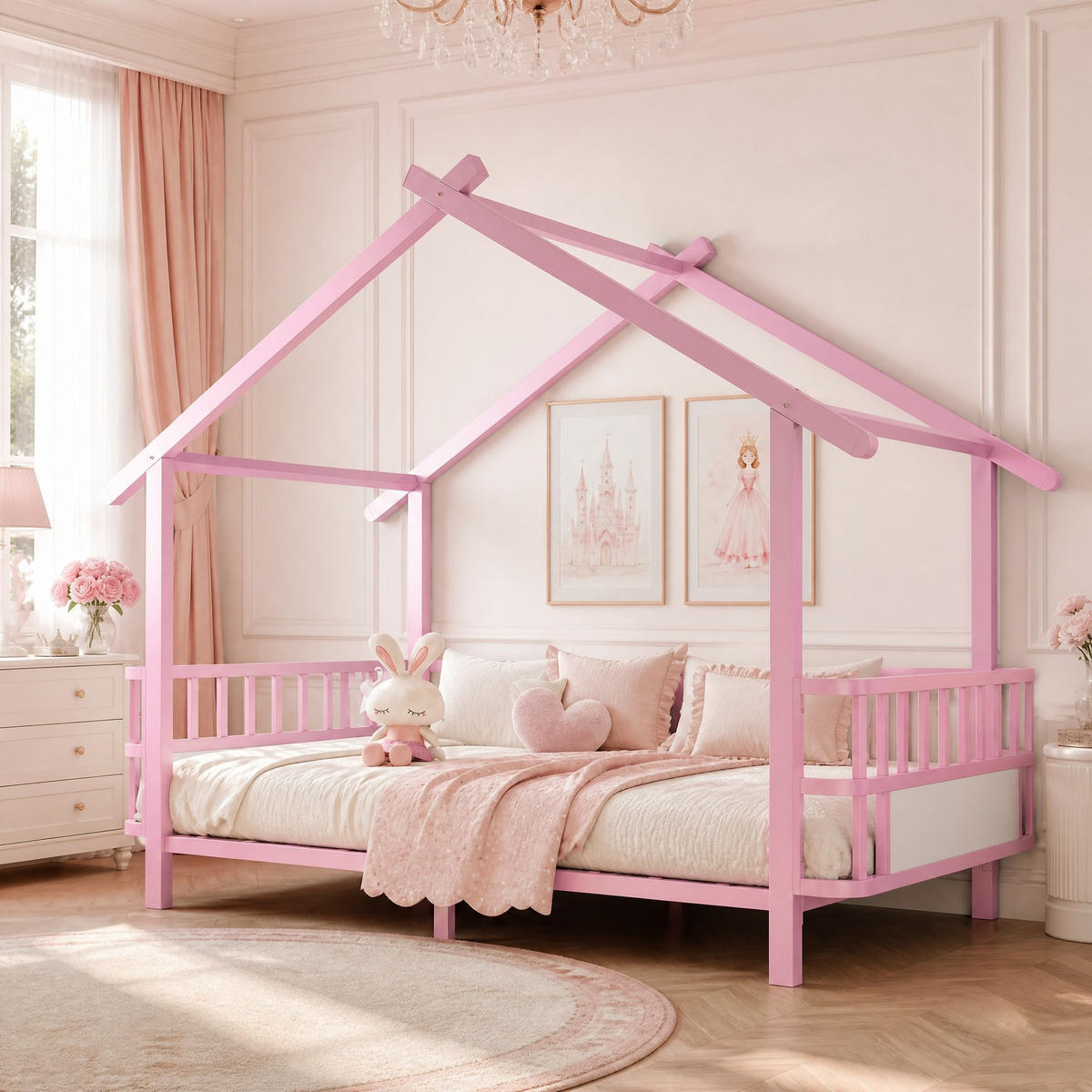 KINDERBETT 90/200 mit Sicherheitsgitter, Dachkonstruktion und Metallrahmen in Rosa - Rosa, Metall (90/200cm) - EVRYAE