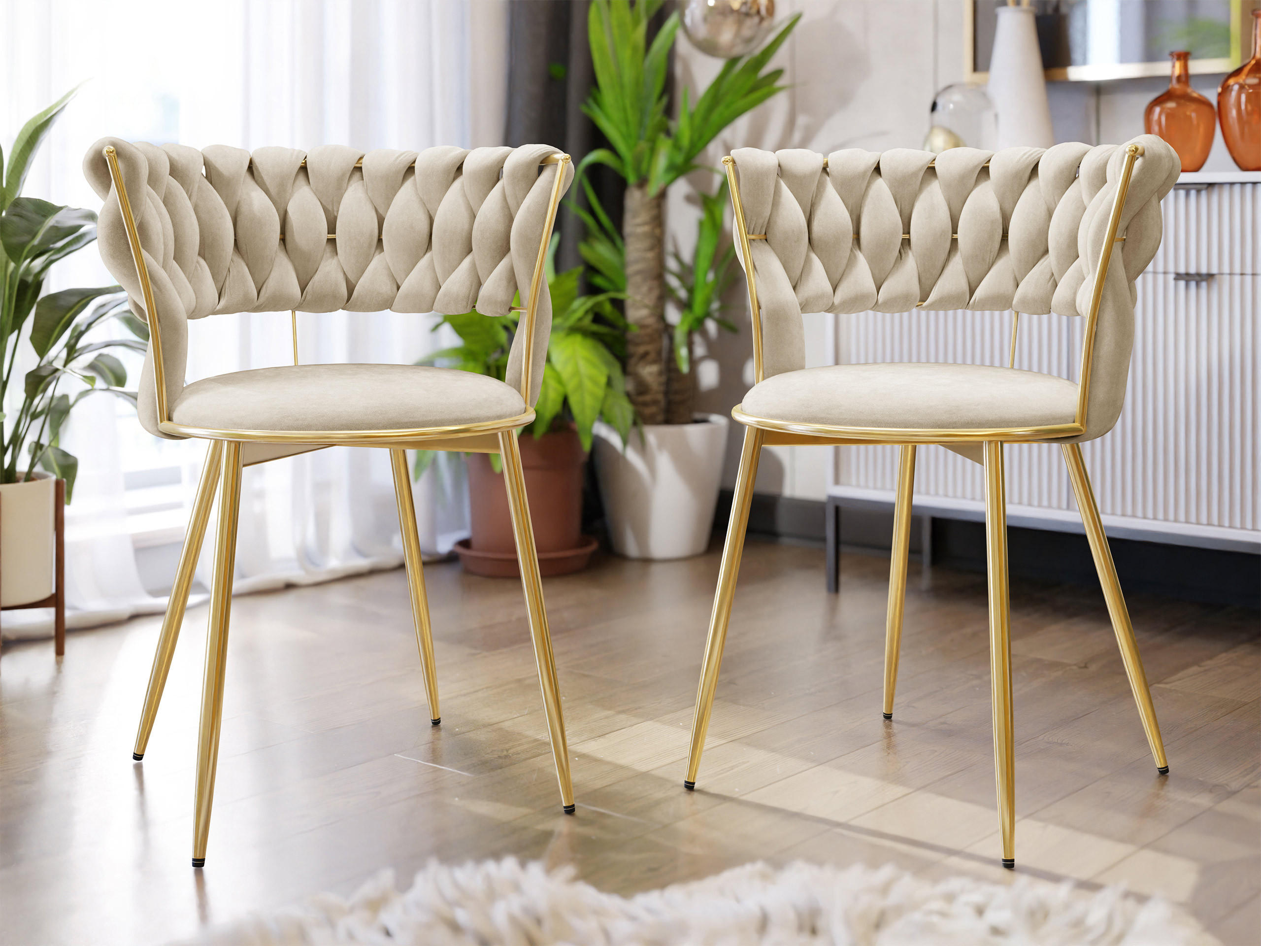 STUHL 2er-Set Muz DC-1141 (2 Stück in Samt) - Beige/Goldfarben, Textil/Metall (57/74/52cm) - MIRJAN24