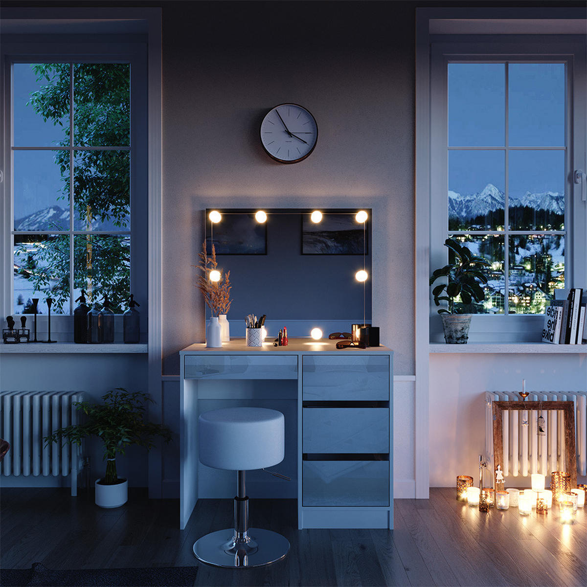 SCHMINKTISCH Sherry Weiß 90 cm mit LED Beleuchtung und Hocker - Weiß, Holzwerkstoff (90/75/40cm) - Vicco