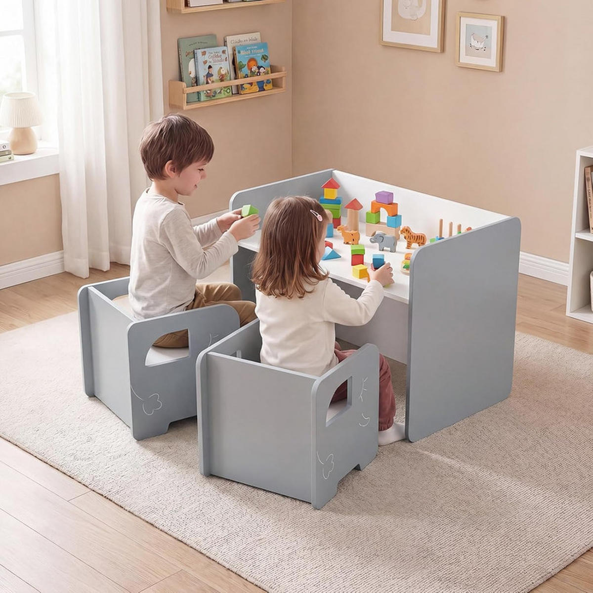 KINDERTISCH mit Stuhl grau(3-tlg) - Grau, Holzwerkstoff (62.5/40/48cm) - COSTWAY