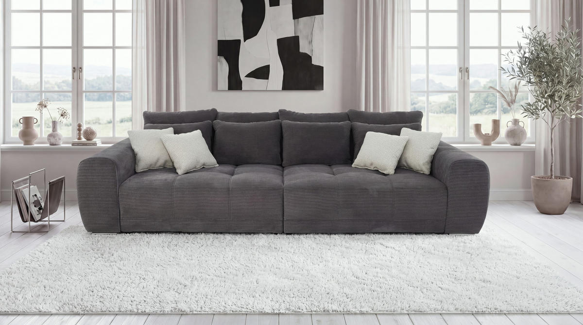 BIG-SOFA Federkern B306/T134/H86 cm, Liegefläche 120x240 cm, Cord Dunkelgrau / 15171 - Chromfarben/Dunkelgrau, Textil/Metall (306/86/134cm) - luma-home