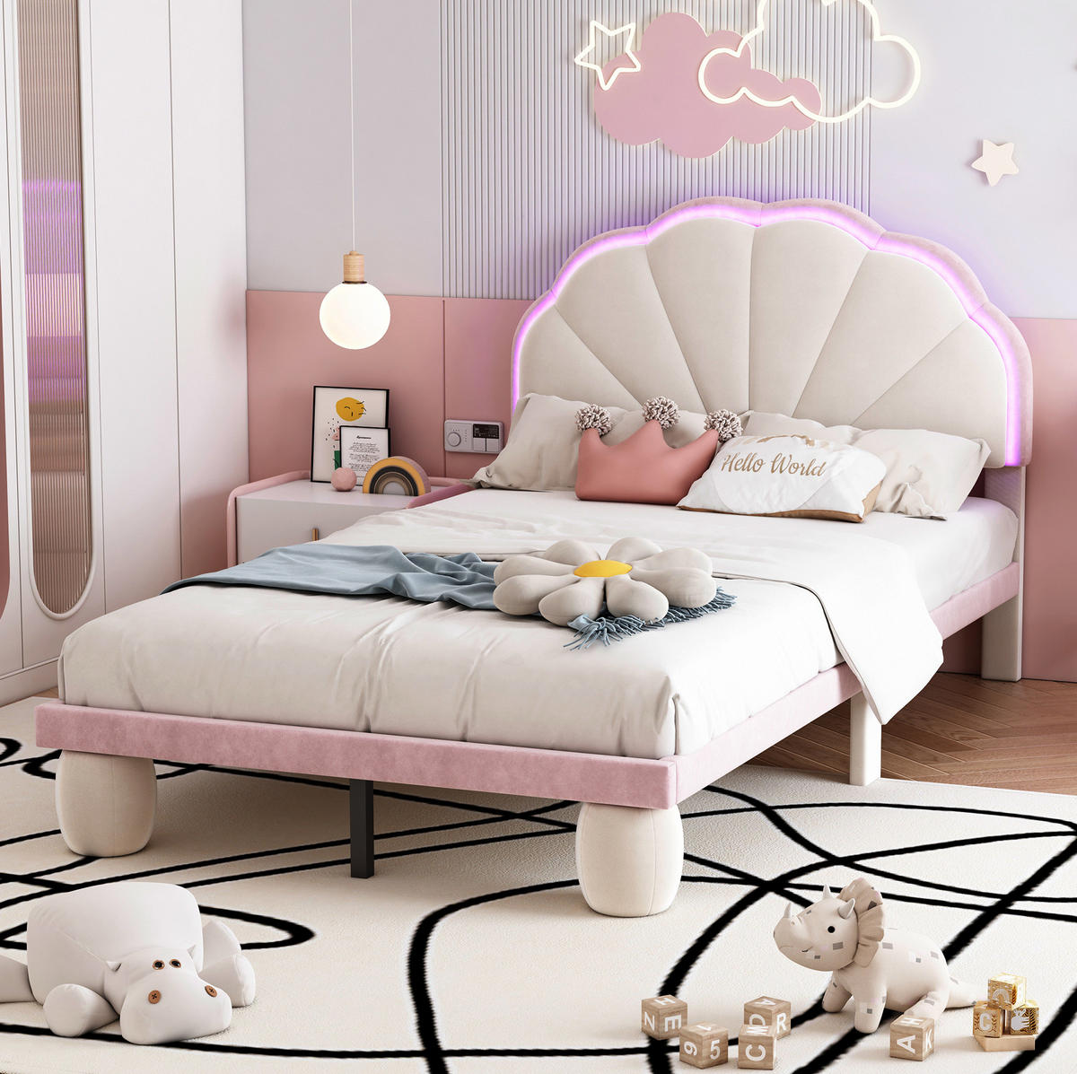 KINDERBETT 90/200 cm mit mehrfarbiger LED-Beleuchtung, Wellenkopfteil und Samtbezug, Beige/Rosa - Weiß, Textil (90/200cm) - Redom