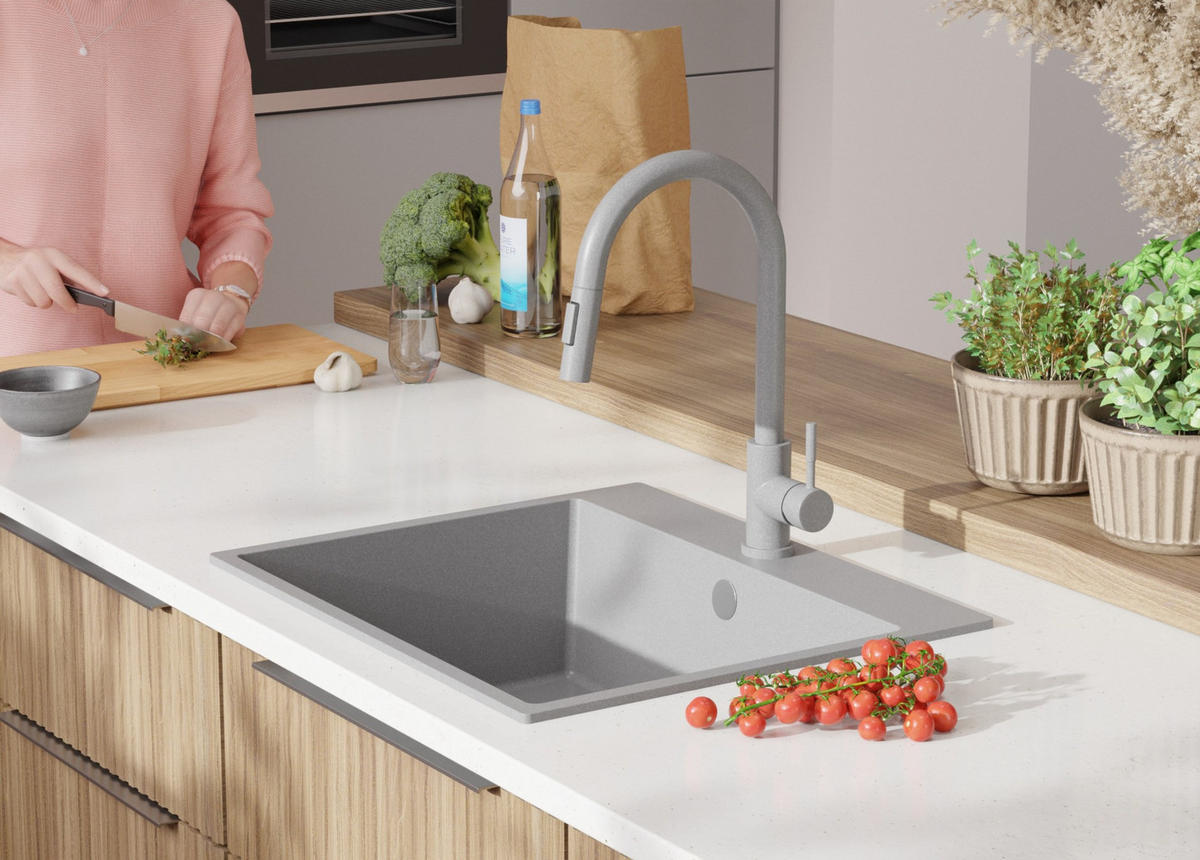 SPÜLBECKEN Riga, 2-er set Grau 58/50 cm 1 Becken + Ablauf-Set ab 60er Unterschrank - Chromfarben/Grau, Kunststoff (58/20/50cm) - Primagran