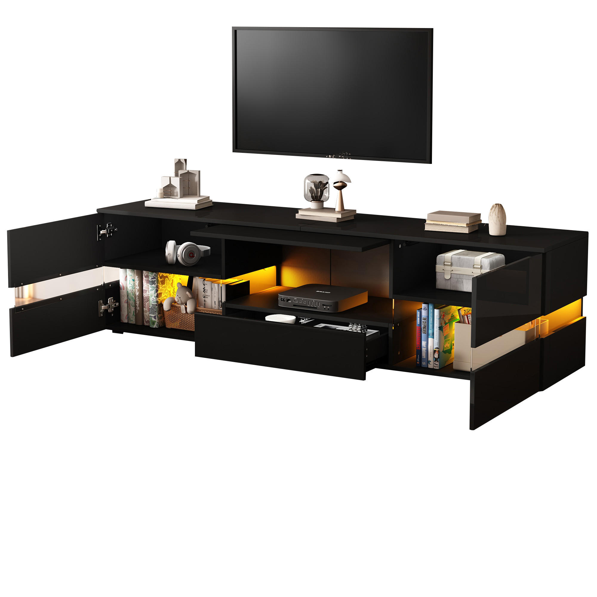 COMODĂ TV 160x39x45cm Negru LED Lucios