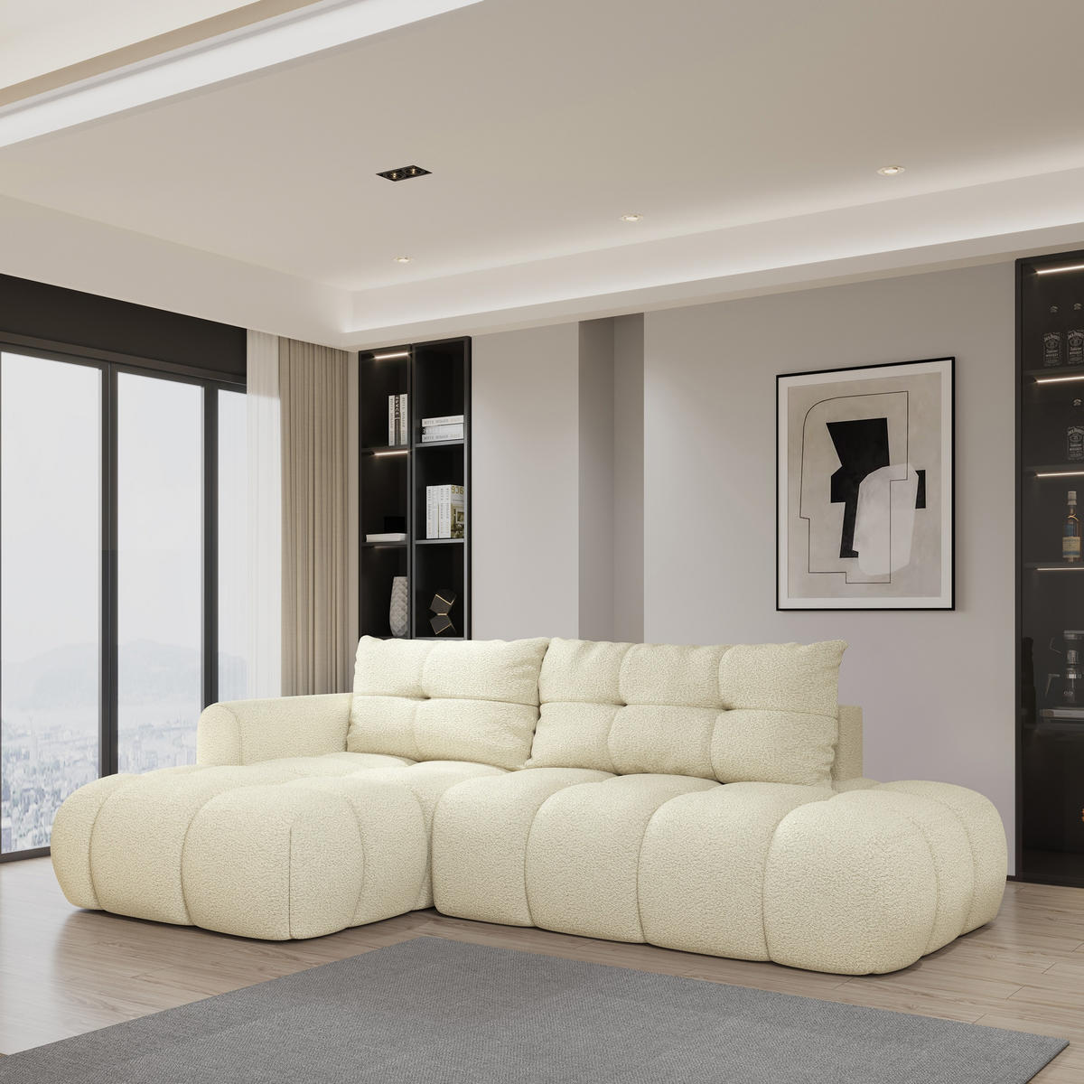 ECKSOFA FLUMA L-S Creme Boucle-Stoff mit Schlaffunktion - Creme, Holz (274/165cm) - MASSENO