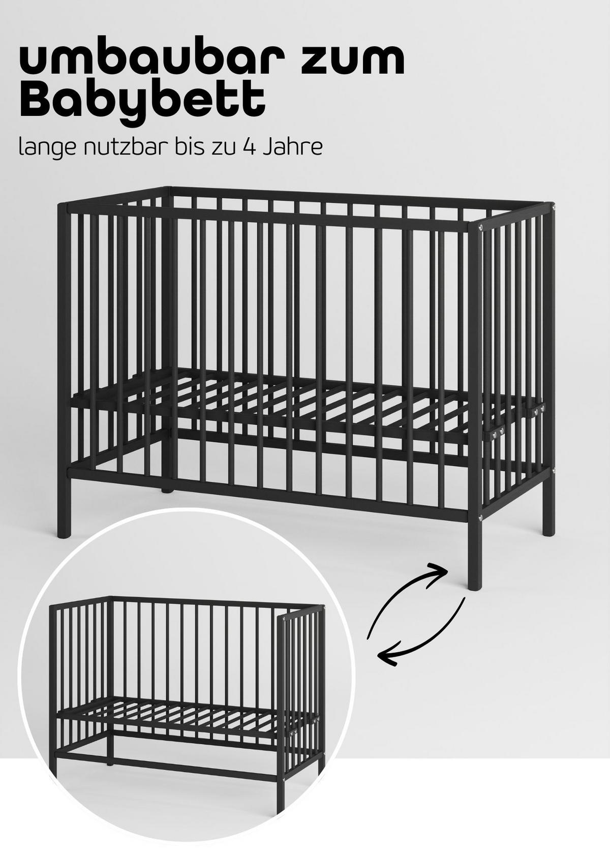 BEISTELLBETT mit Umbauseite & Rollen -BLACK EDITION - Dreamy 4 in 1 Bett - Schwarz, Holz (120/90/60cm) - Sämann – make a difference.