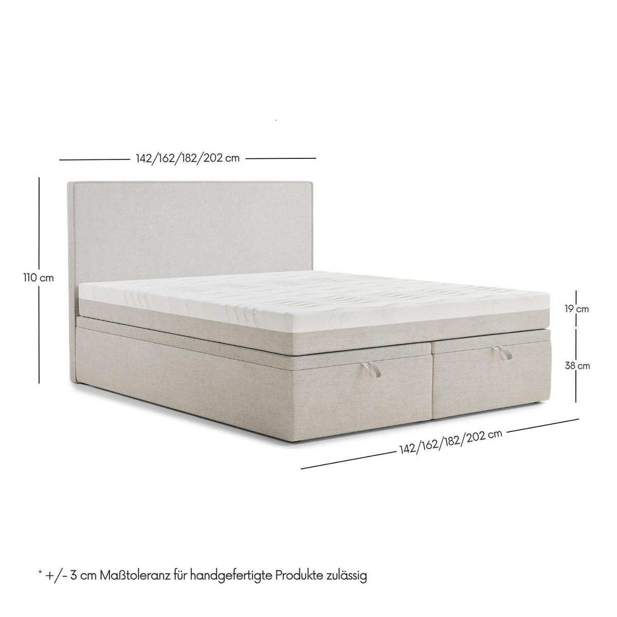 BOXBETT 180/200 cm Tegal, in Hellgrau, Matratze, gepolstertes Kopfteil, Bettkasten, H3 = fest - Hellgrau/Schwarz, Holz/Holzwerkstoff (180/200cm) - Maison de Reve
