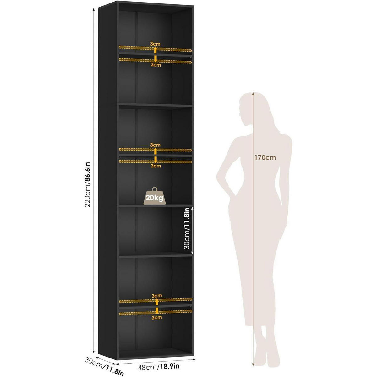 BÜCHERREGAL 220 cm Schwarz 7 Fächer - Schwarz, Holzwerkstoff (48/220/30cm)