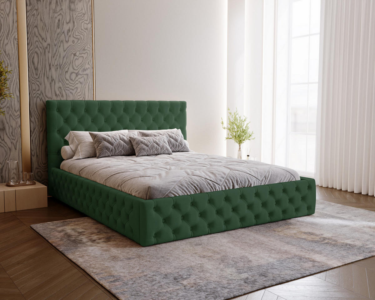 POLSTERBETT 180x200 Verti Slim, Chesterfield, Grün - Grün, Holz/Textil (180/200cm) - Emporius