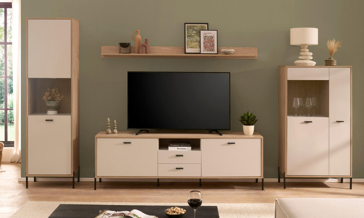 WOHNWAND Kaschmir, Eiche 349 cm, Schrankwand mit Soft-Close - Kaschmir/Eichefarben, Glas/Holzwerkstoff (349/150/35cm) - Furn.Design