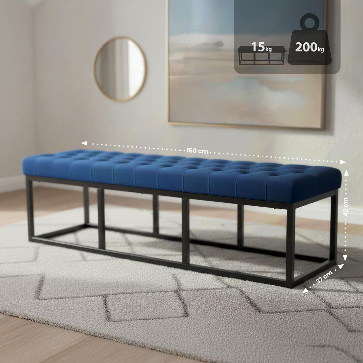 SITZBANK 150/37 cm Samt Blau - Blau/Schwarz, Textil/Metall (150/42/37cm) - CLP