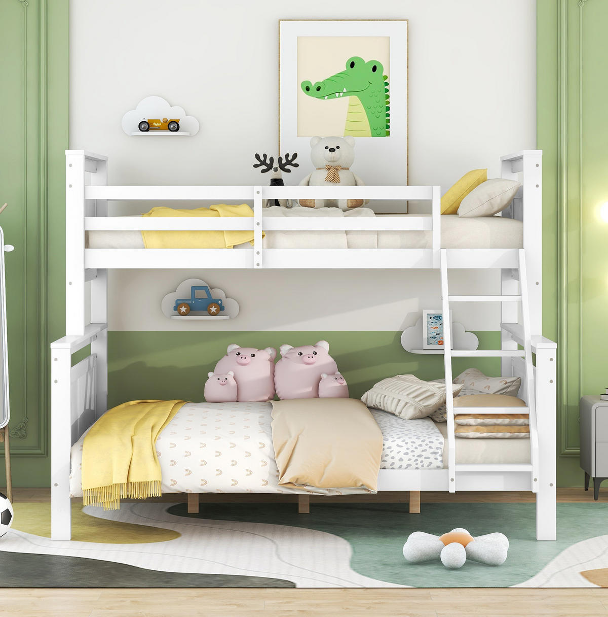 KATNI krevet od borovine i MDF-a 90x200/140x200 cm bijela s ljestvama, ogradom i mogućnošću odvajanja u 2 kreveta - bijela, drvni materijal (140/200cm) - Modfu