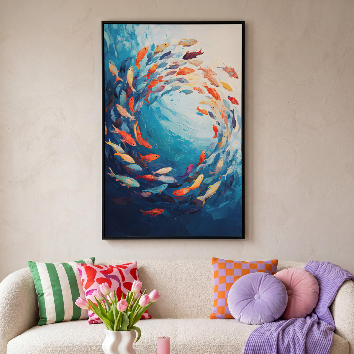 LEINWAND Bilder mit Rahmen - Meer - Fische - Bunt - Dynamisch - 80x120 - Hellblau, Textil (80/120cm) - MuchoWow