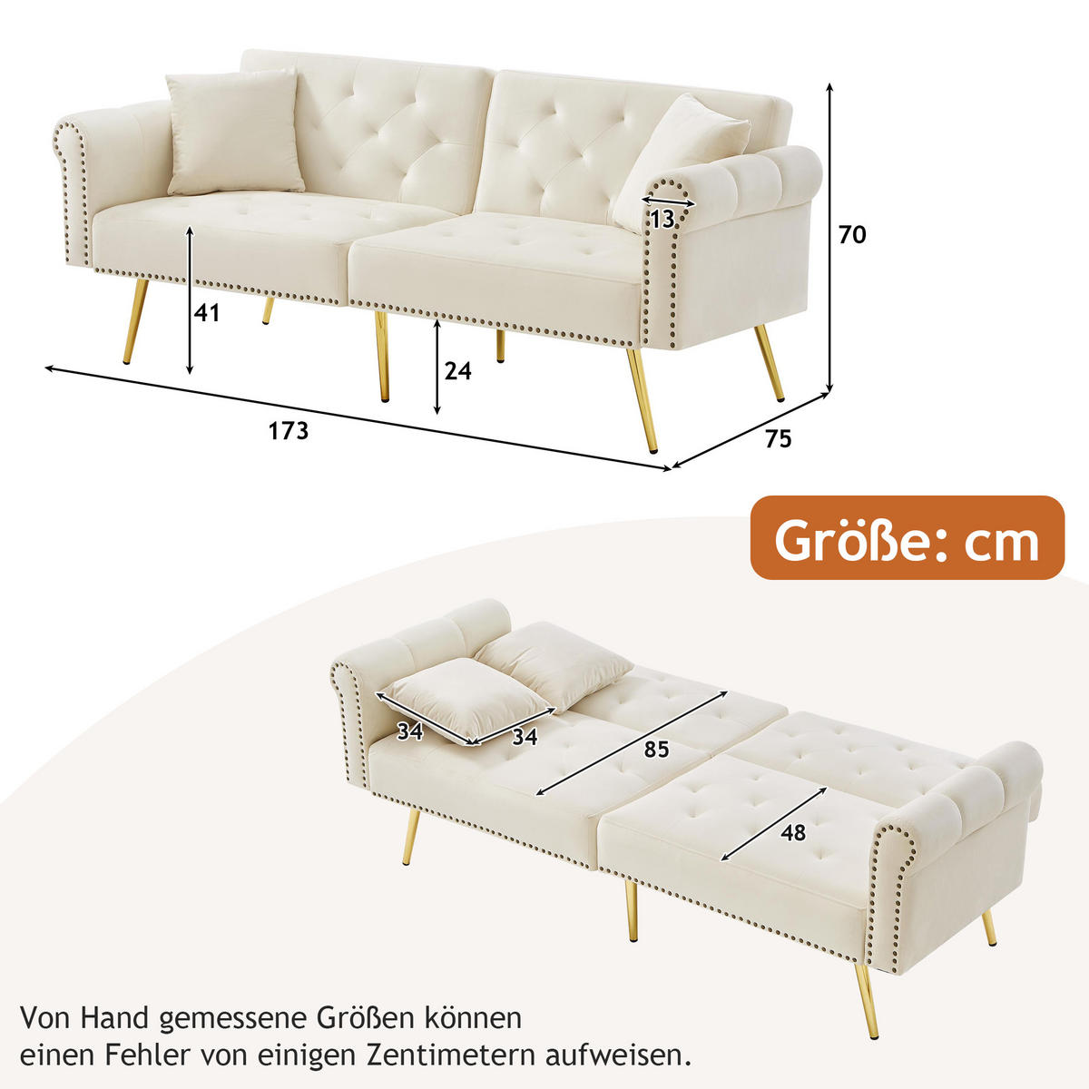SCHLAFSOFA 2-Sitzer Samt mit 3-fach verstellbarer Rückenlehne Beige 173/75/70 cm - Beige, Textil (70/173/75cm) - Redom