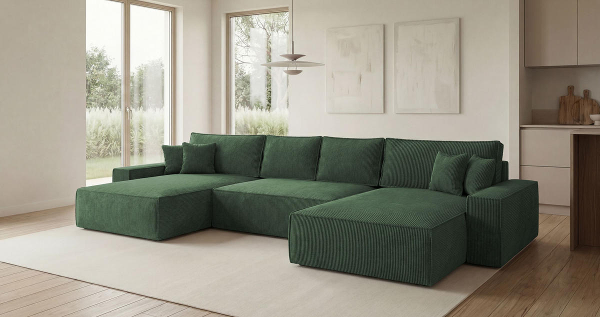 ROHOVÁ pohovka CALIFORNIA tvar U zelená manšestr POSO 14 - funkce spaní, úložný prostor - zelená barva, textil (385/185cm) - Cornero