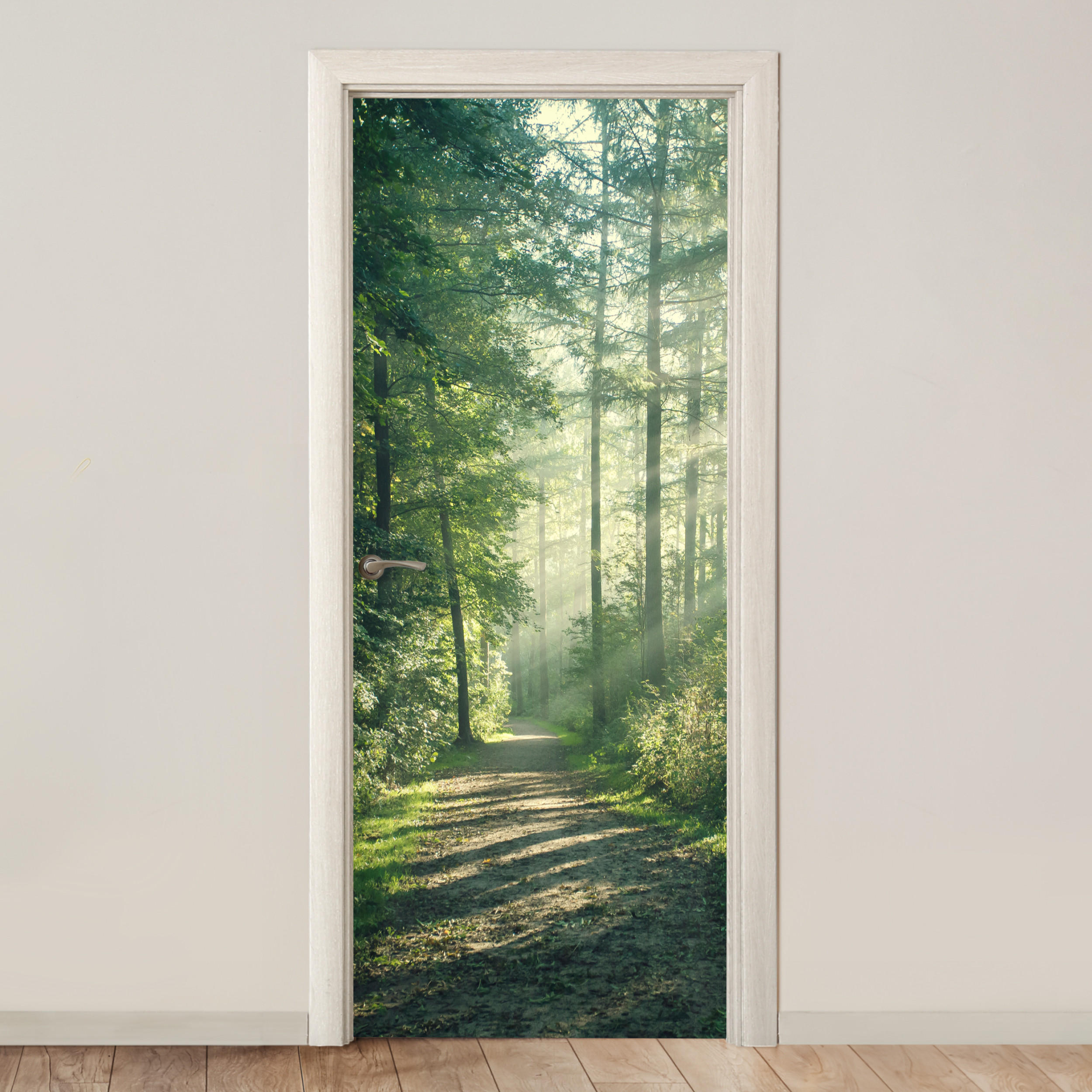 TÜRAUFKLEBER Selbstklebend - Wald - Weg - Sonne - Bäume - Grün - Natur 95x215 cm - Türtapete - Waldgrün, Kunststoff (95/0.1cm) - MuchoWow
