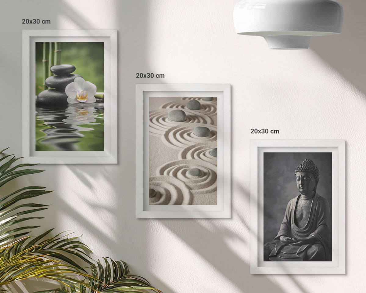 WANDBILDER 3er-Set - 20x30 cm Weißer Rahmen - Entspannender Blick auf den Zen-Buddha - Weiß, Kunststoff (20/30cm) - ArtPrintCave
