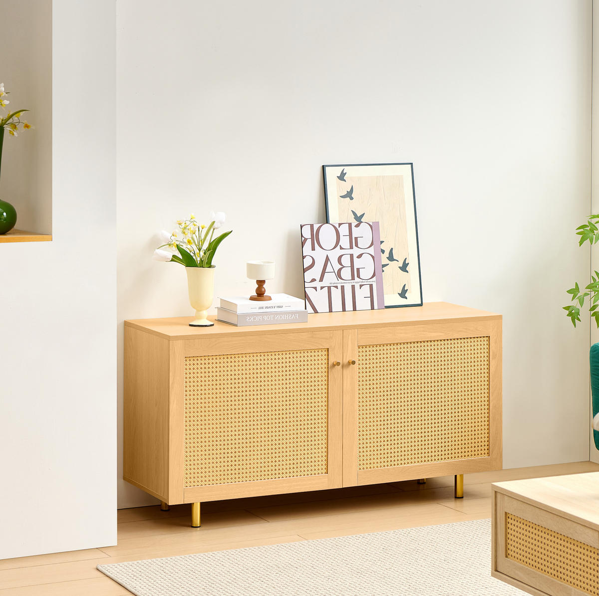 SIDEBOARD 120/40/63 cm mit Rattantüren in Naturholzoptik - Naturfarben, Holzwerkstoff (120/63/40cm) - BEAOK