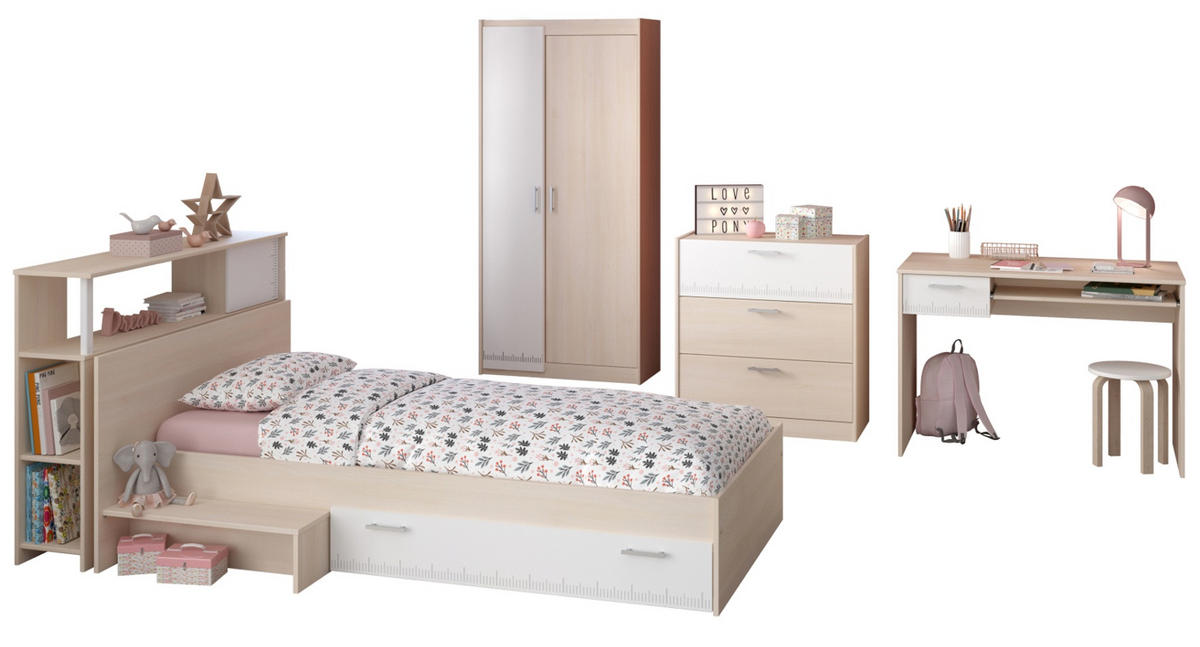 KINDERZIMMER-SET 5-teilig Akazie, weiß, Komplettset mit viel Stauraum - Eichefarben/Silberfarben, Holzwerkstoff/Kunststoff (123/180/203cm) - Parisot Meuble