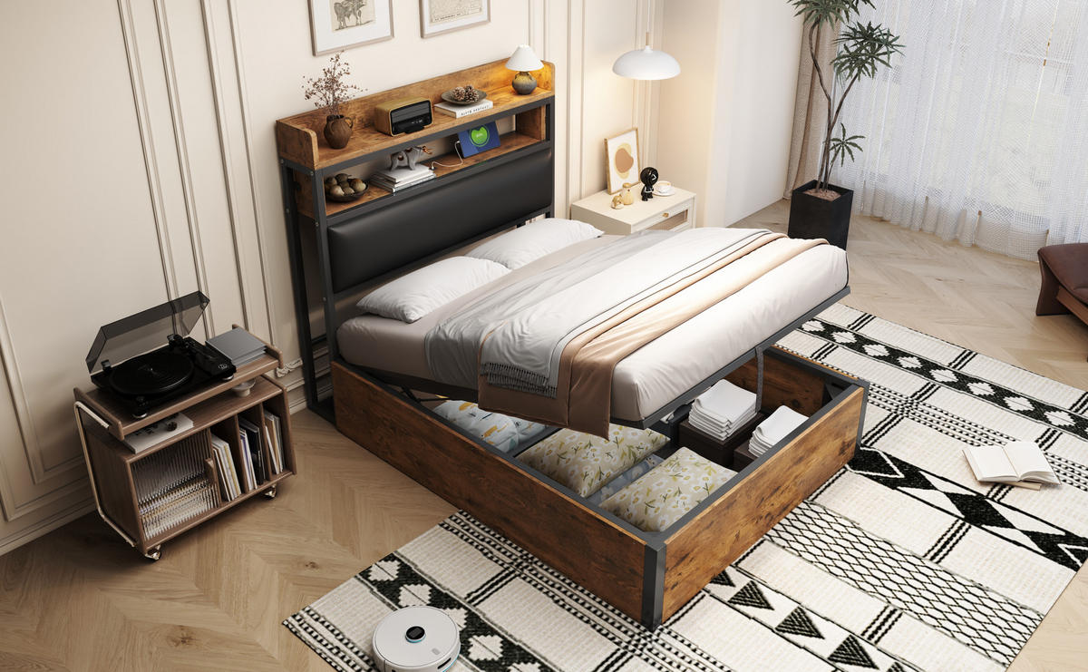 POLSTERBETT 90x200 cm mit USB, Stauraum, Lattenrost, Schwarz - Schwarz, Holz (90/200cm)