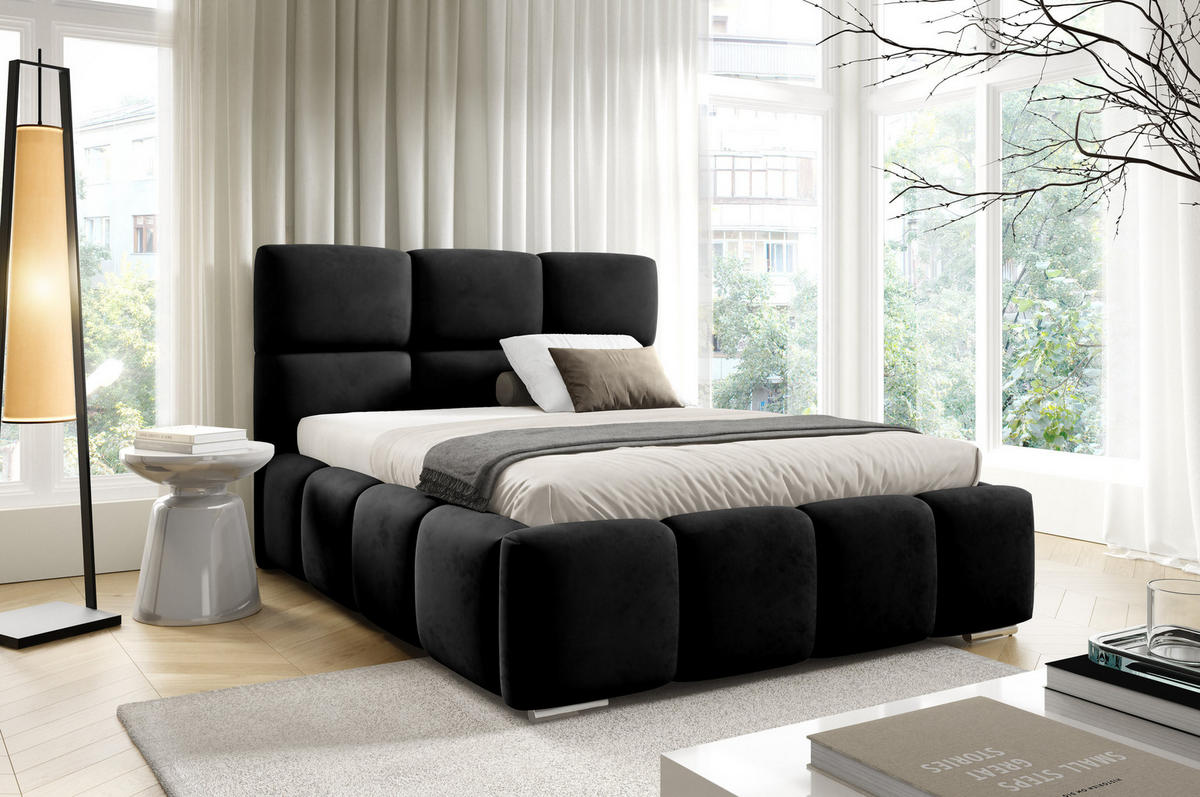 POLSTERBETT TRIO, 180x200 cm, Doppelbett mit Bettkasten, Velourstoff, Frabe: Schwarz - Schwarz, Holz/Kunststoff (180/200cm)