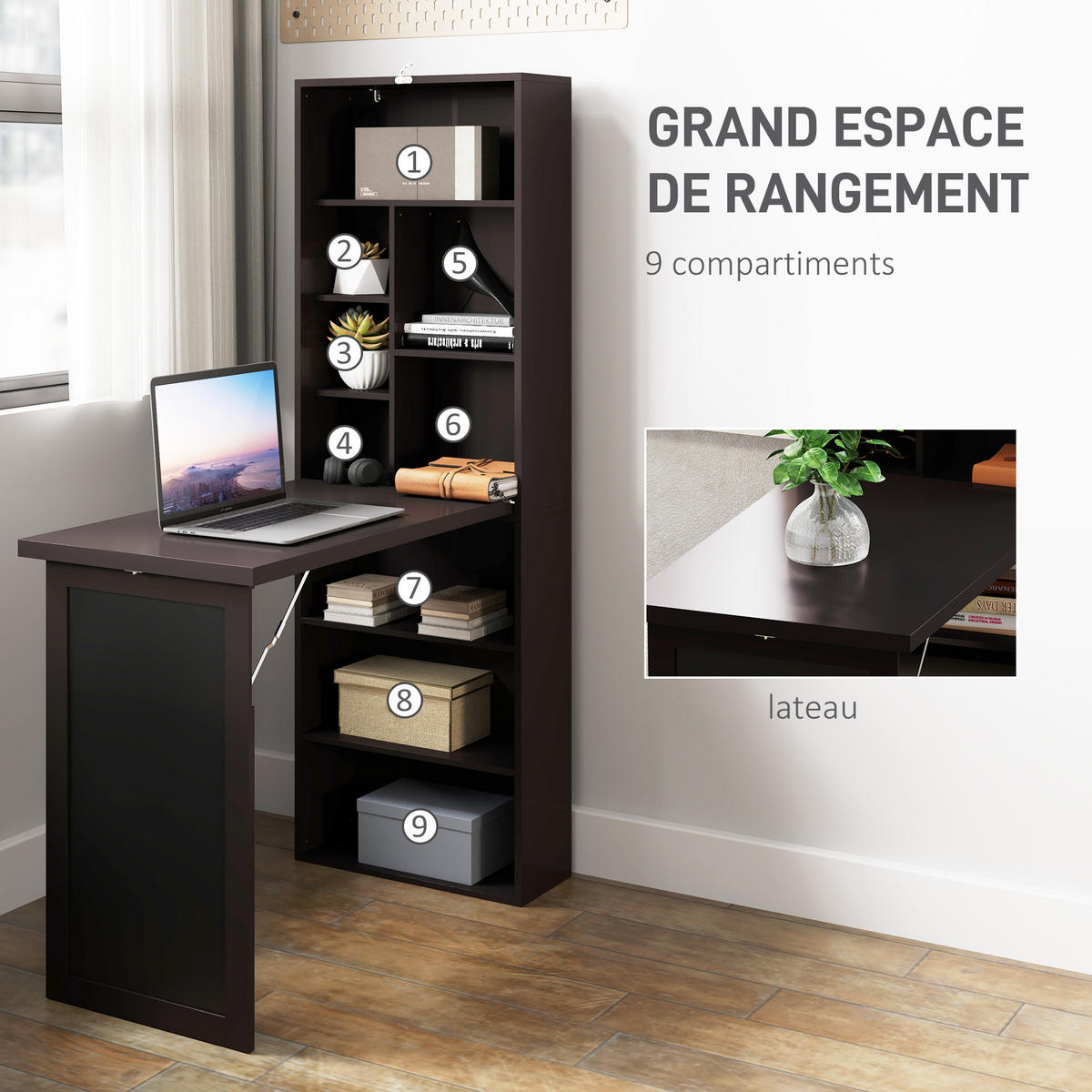 SCHREIBTISCH Kieferfarben wandmontiert klappbar mit Regal und Kreidetafel 98/51/153 cm - Braun, Holzwerkstoff (51/98/153cm) - PANGIVO