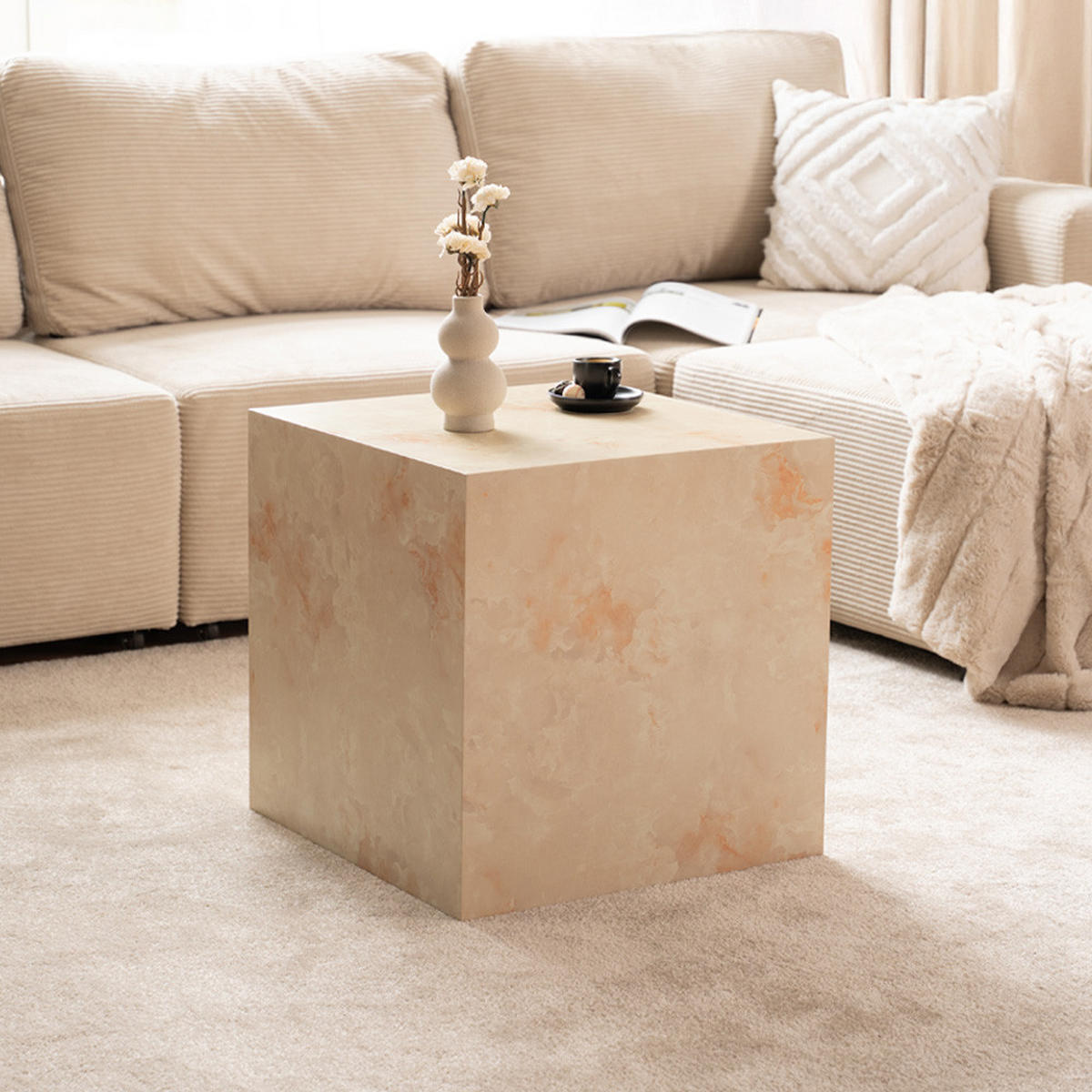 COUCHTISCH AMIRI M - Sandstein, 50 x 50 x 50 cm - Beige, Holzwerkstoff/Textil (50/50/50cm) - Home Deluxe