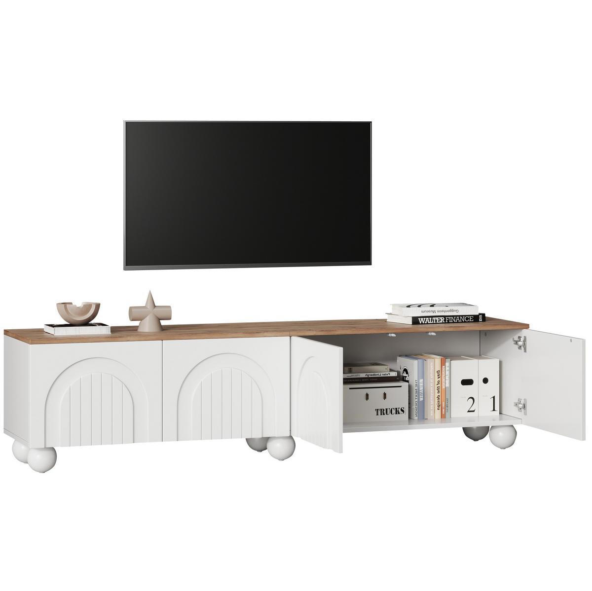 LOWBOARD 180/40/45 cm aus MDF mit 4 Türen und 6 Metallbeinen Weiß/Eichefarben - Weiß, Holzwerkstoff (180/45/40cm) - Modenvie